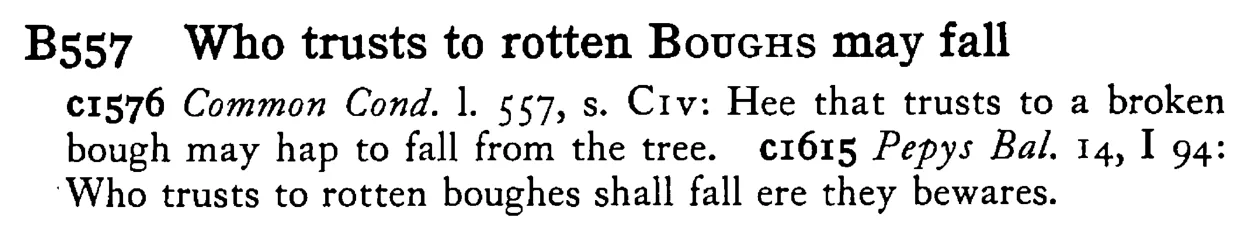 Who trusts to rotten BOUGHS may fall - a scanned entry from Tilley's 1950 Dictionary of Proverbs.