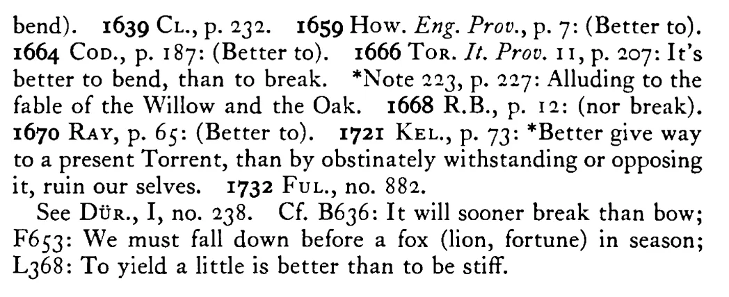 Better BOW than break - a scanned entry from Tilley's 1950 Dictionary of Proverbs. (continuation)