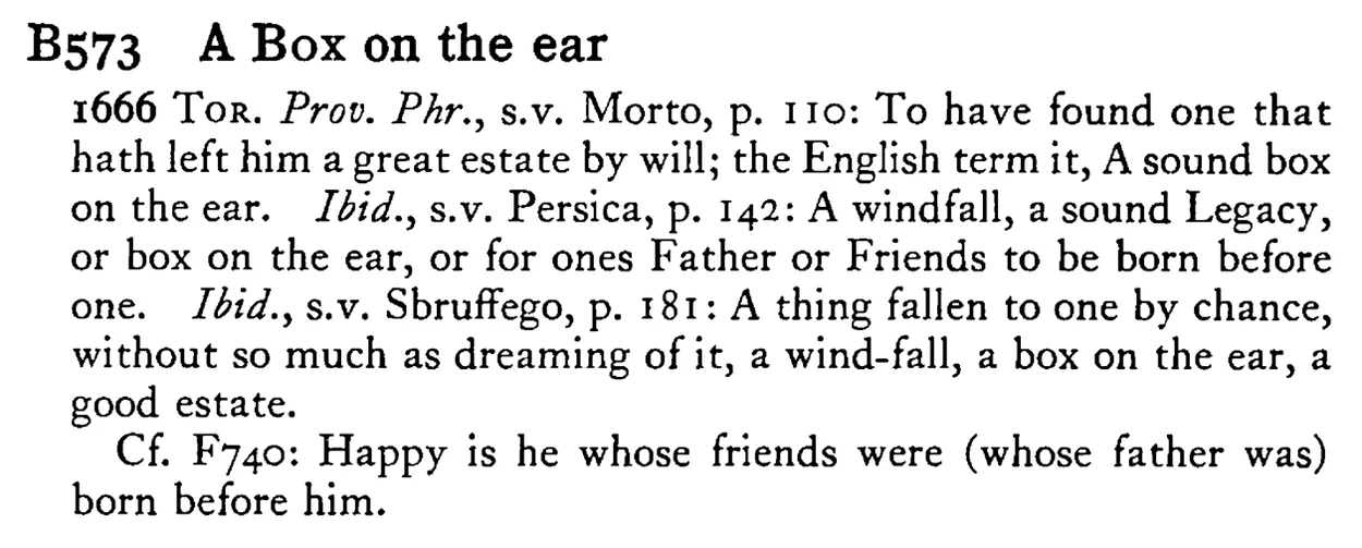 A BOX on the ear - a scanned entry from Tilley's 1950 Dictionary of Proverbs.