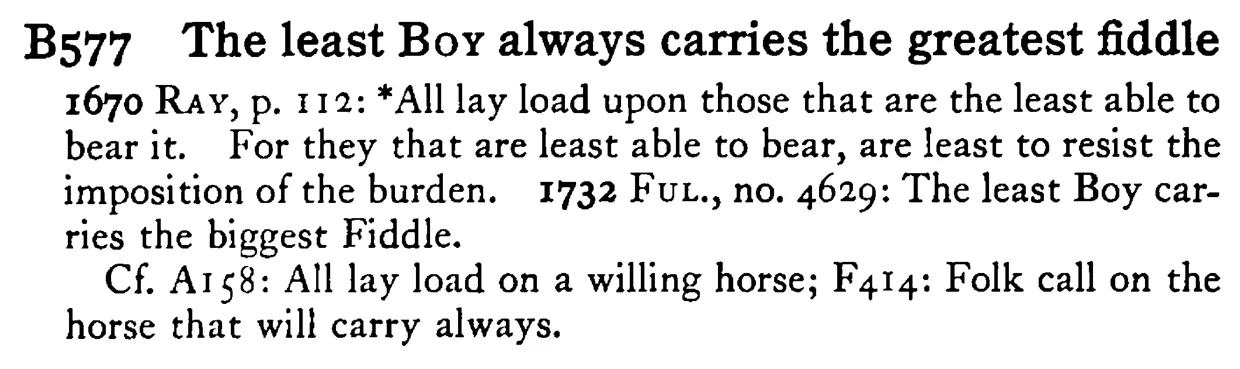 The least BOY always carries the greatest fiddle - a scanned entry from Tilley's 1950 Dictionary of Proverbs.