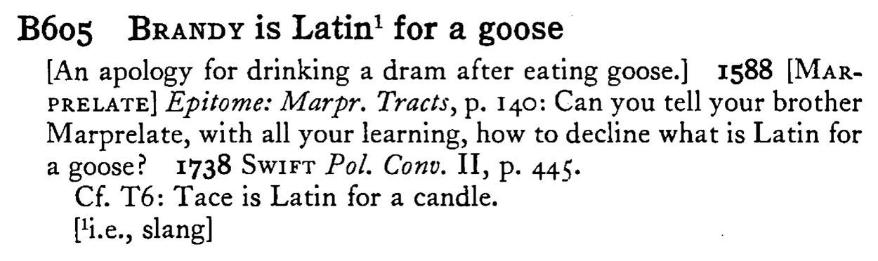 BRANDY is Latin¹ for a goose - a scanned entry from Tilley's 1950 Dictionary of Proverbs.