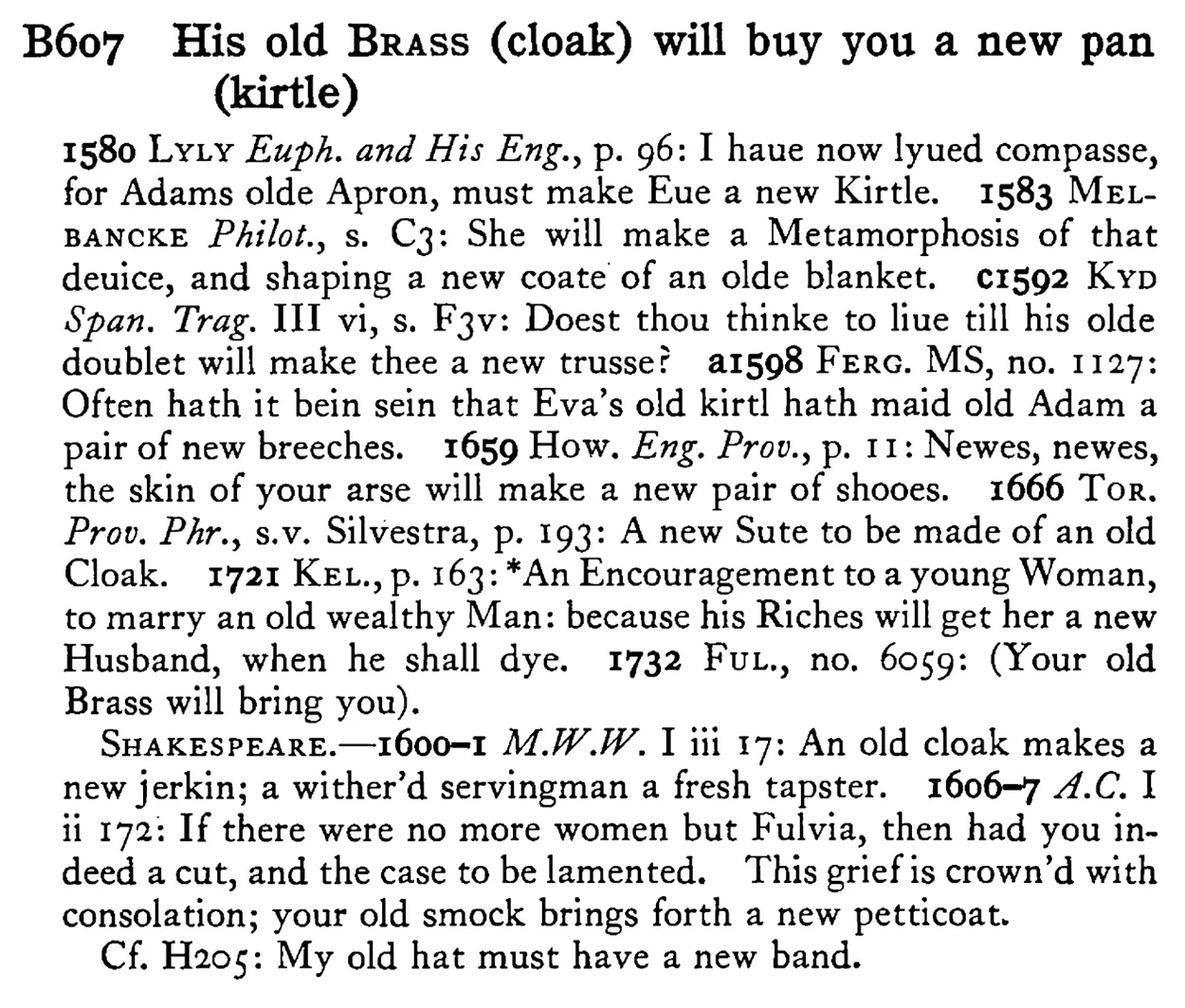 His old BRASS (cloak) will buy you a new pan (kirtle) - a scanned entry from Tilley's 1950 Dictionary of Proverbs.