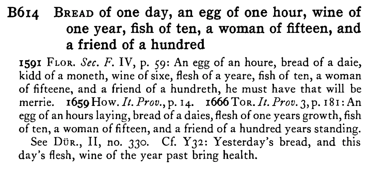 BREAD of one day, an egg of one hour, wine of one year, fish of ten, a woman of fifteen, and a friend of a hundred - a scanned entry from Tilley's 1950 Dictionary of Proverbs.