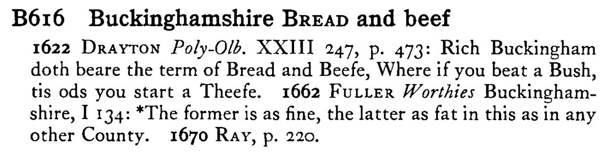 Buckinghamshire BREAD and beef - a scanned entry from Tilley's 1950 Dictionary of Proverbs.