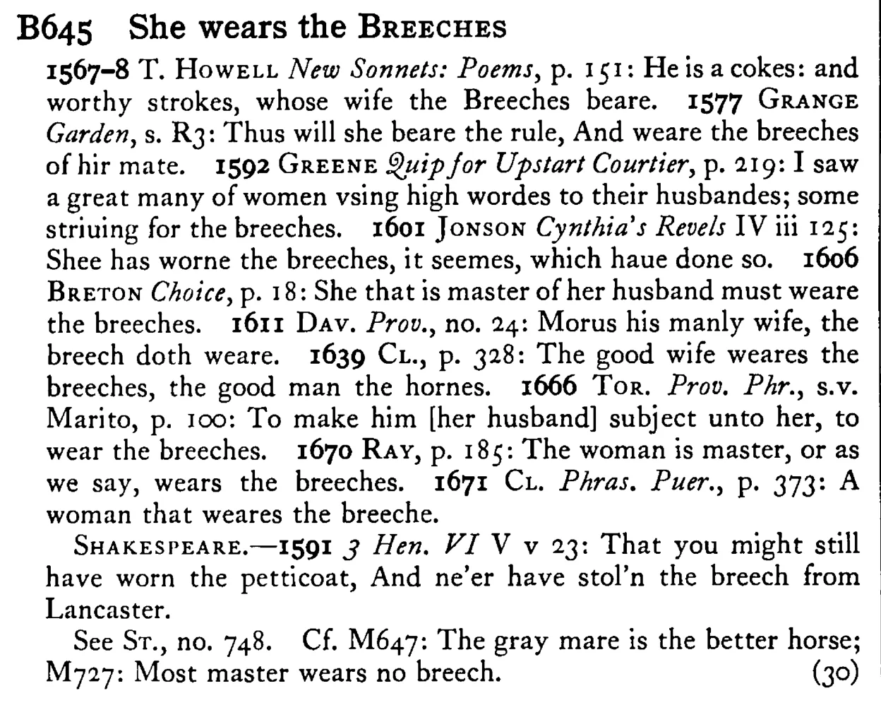 She wears the BREECHES - a scanned entry from Tilley's 1950 Dictionary of Proverbs.
