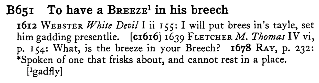 To have a BREEZE¹ in his breech - a scanned entry from Tilley's 1950 Dictionary of Proverbs.