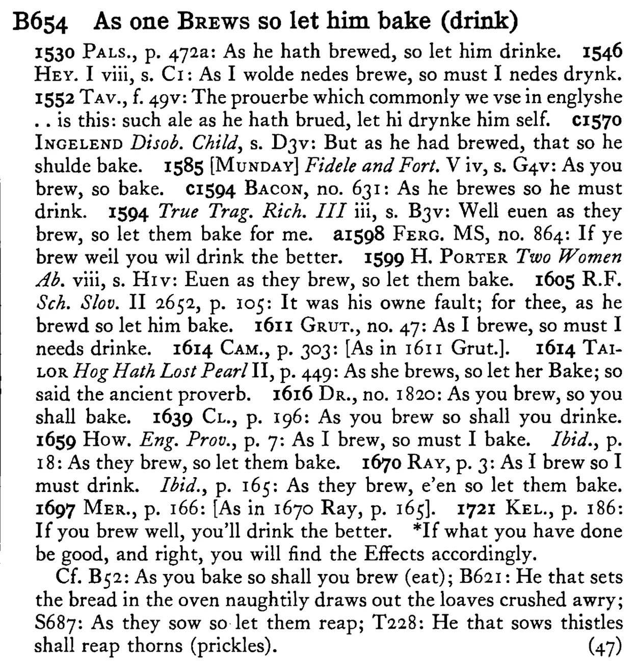 As one BREWS so let him bake (drink) - a scanned entry from Tilley's 1950 Dictionary of Proverbs.