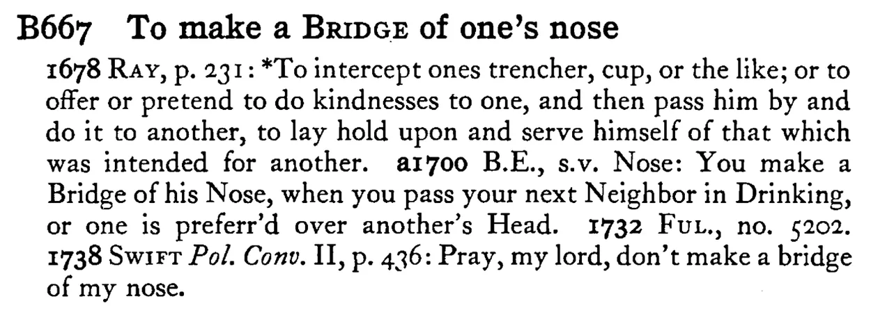 To make a BRIDGE of one's nose - a scanned entry from Tilley's 1950 Dictionary of Proverbs.