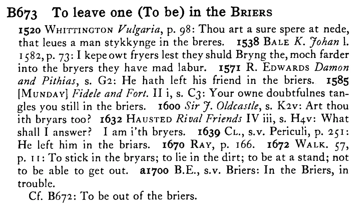 To leave one (To be) in the BRIERS - a scanned entry from Tilley's 1950 Dictionary of Proverbs.