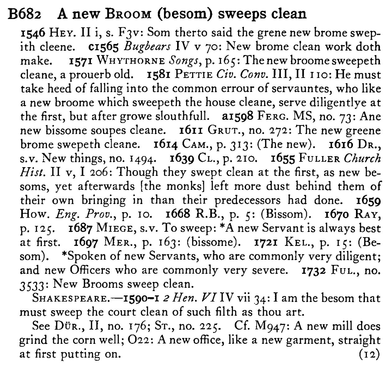 A new BROOM (besom) sweeps clean - a scanned entry from Tilley's 1950 Dictionary of Proverbs.