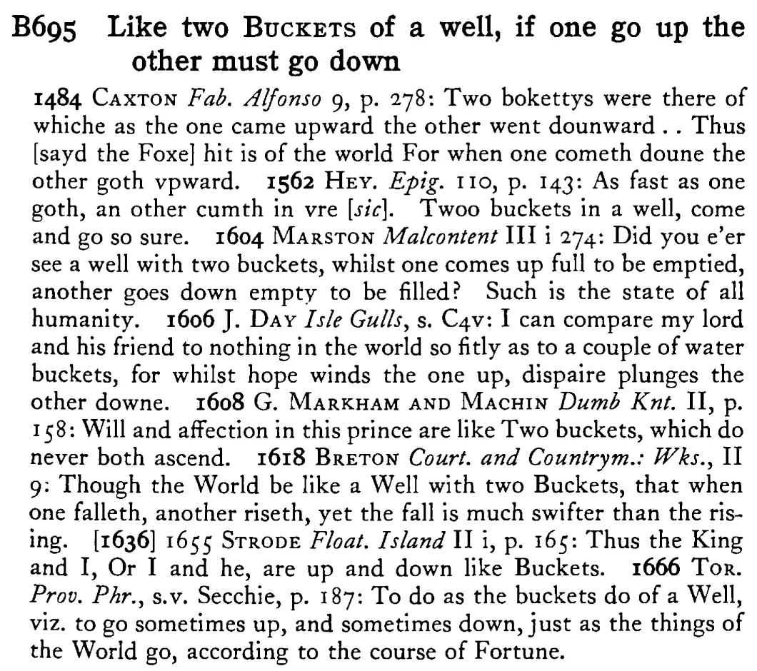 Like two BUCKETS of a well, if one go up the other must go down - a scanned entry from Tilley's 1950 Dictionary of Proverbs.