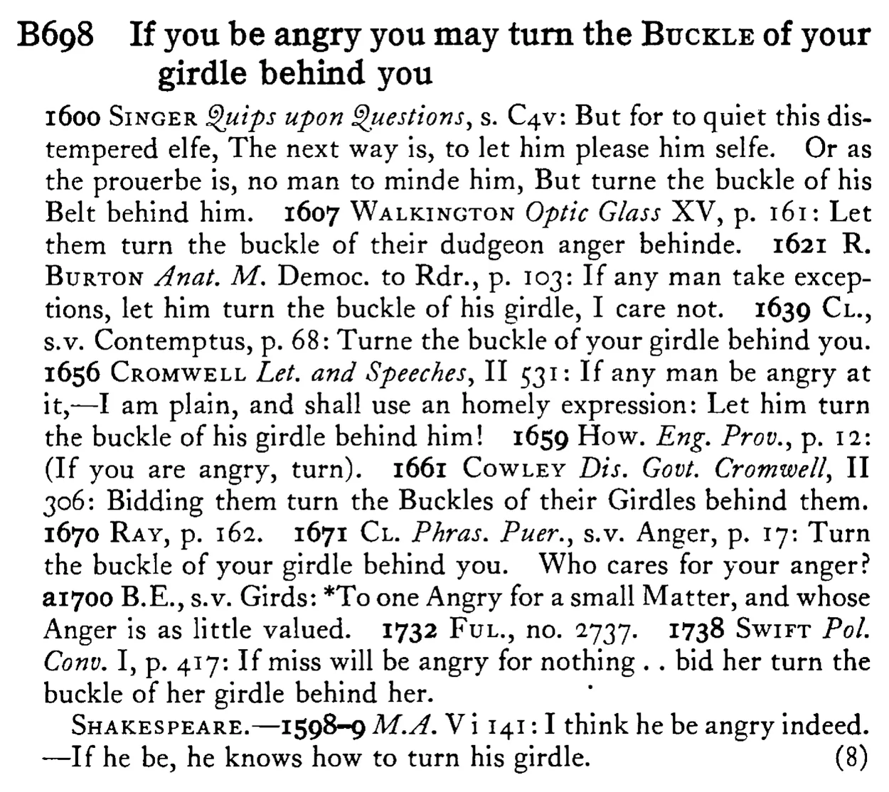 If you be angry you may turn the BUCKLE of your girdle behind you - a scanned entry from Tilley's 1950 Dictionary of Proverbs.