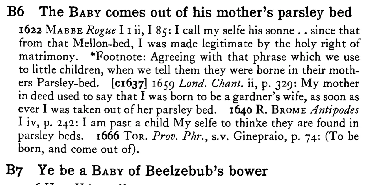 The BABY comes out of his mother's parsley bed - a scanned entry from Tilley's 1950 Dictionary of Proverbs.