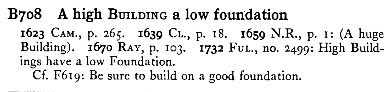 A high BUILDING a low foundation - a scanned entry from Tilley's 1950 Dictionary of Proverbs.