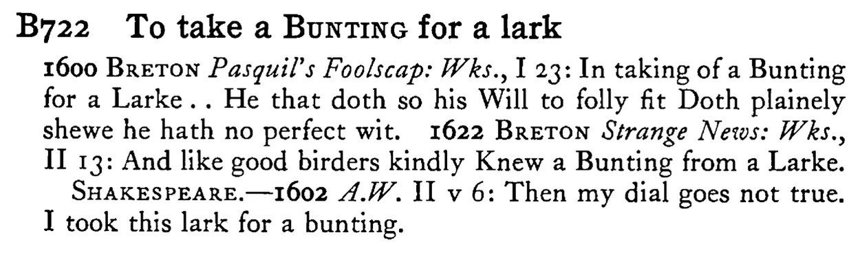 To take a BUNTING for a lark - a scanned entry from Tilley's 1950 Dictionary of Proverbs.