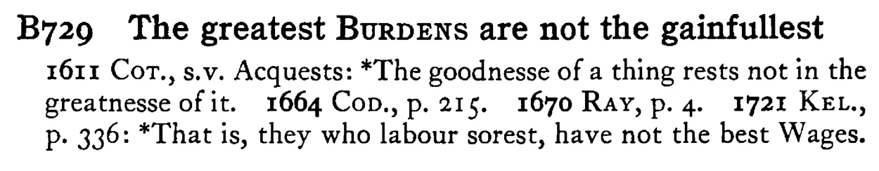 The greatest BURDENS are not the gainfullest - a scanned entry from Tilley's 1950 Dictionary of Proverbs.