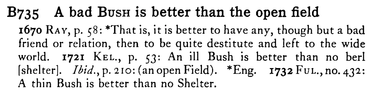 A bad BUSH is better than the open field - a scanned entry from Tilley's 1950 Dictionary of Proverbs.