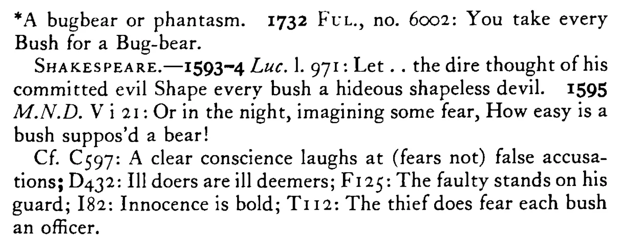 He thinks every BUSH a bugbear (bear) - a scanned entry from Tilley's 1950 Dictionary of Proverbs. (continuation)
