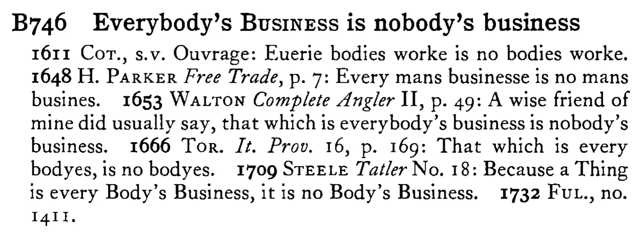 Everybody's BUSINESS is nobody's business - a scanned entry from Tilley's 1950 Dictionary of Proverbs.