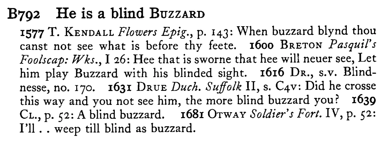 He is a blind BUZZARD - a scanned entry from Tilley's 1950 Dictionary of Proverbs.