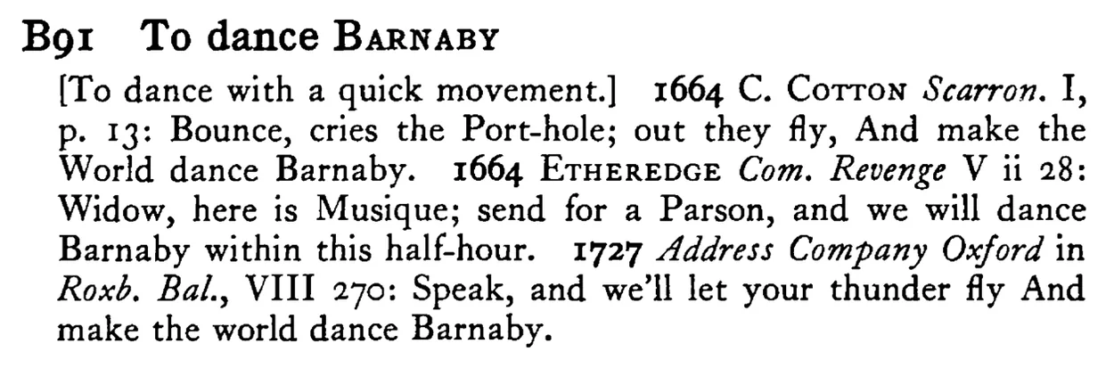 To dance BARNABY - a scanned entry from Tilley's 1950 Dictionary of Proverbs.