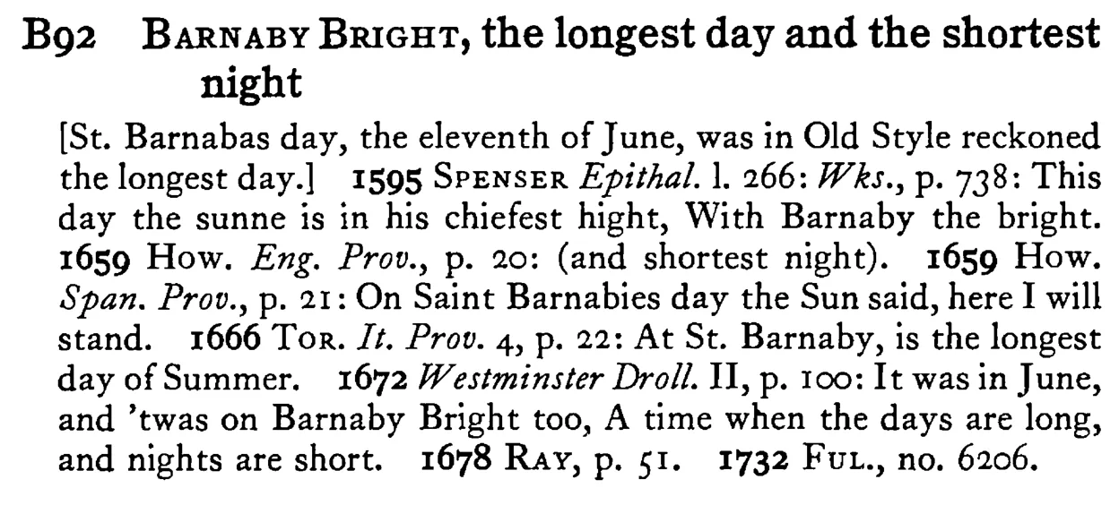 BARNABY BRIGHT, the longest day and the shortest night - a scanned entry from Tilley's 1950 Dictionary of Proverbs.
