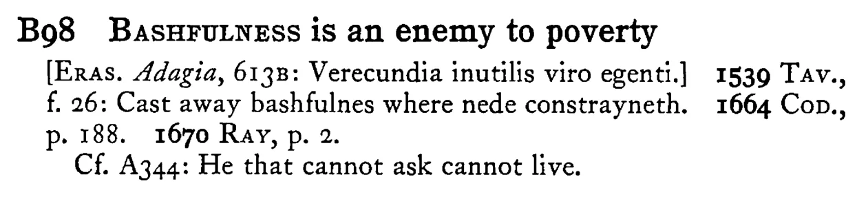 BASHFULNESS is an enemy to poverty - a scanned entry from Tilley's 1950 Dictionary of Proverbs.