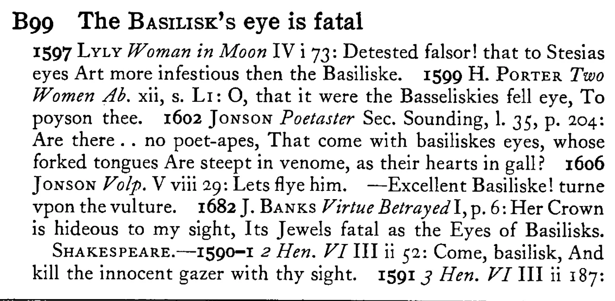The BASILISK's eye is fatal - a scanned entry from Tilley's 1950 Dictionary of Proverbs.