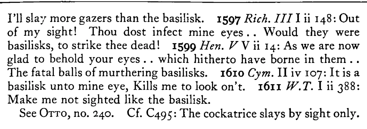 The BASILISK's eye is fatal - a scanned entry from Tilley's 1950 Dictionary of Proverbs. (continuation)