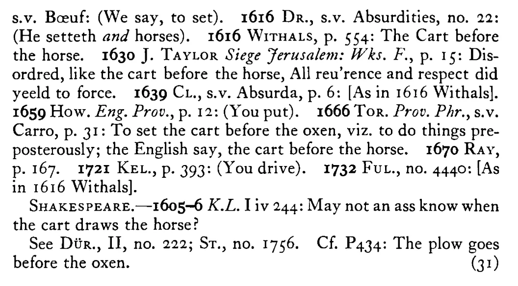 To set the CART before the horse - a scanned entry from Tilley's 1950 Dictionary of Proverbs. (continuation)