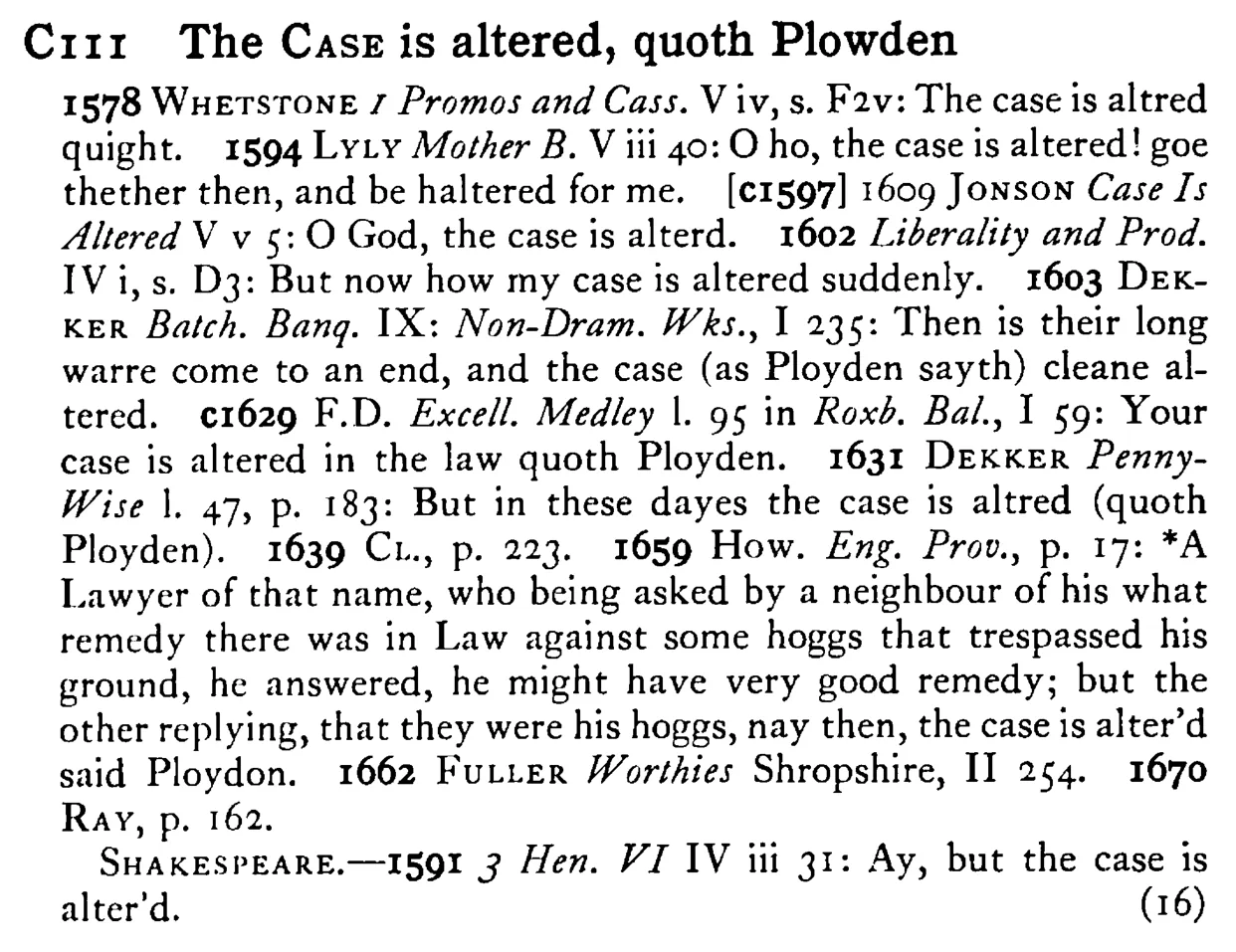 The CASE is altered, quoth Plowden - a scanned entry from Tilley's 1950 Dictionary of Proverbs.