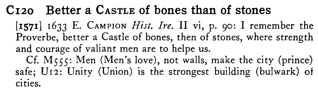 Better a CASTLE of bones than of stones - a scanned entry from Tilley's 1950 Dictionary of Proverbs.