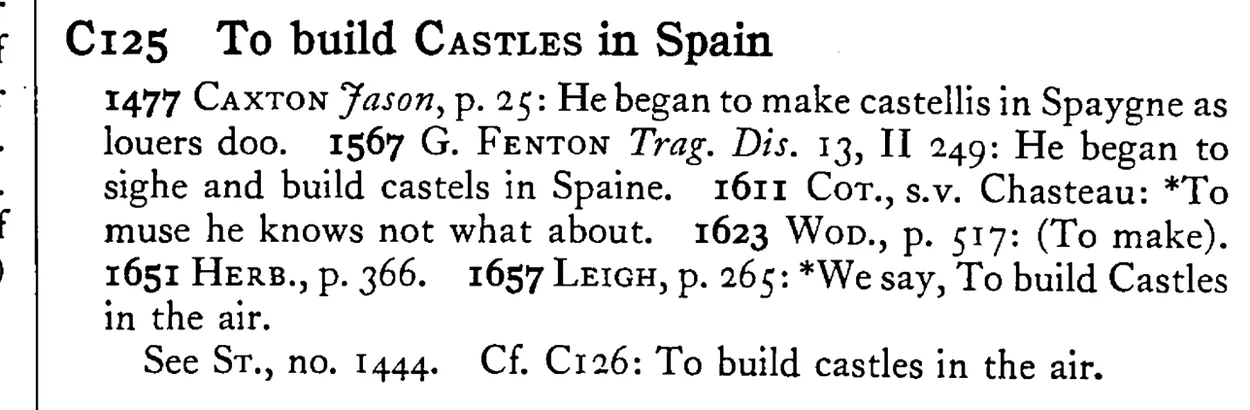 To build CASTLES in Spain - a scanned entry from Tilley's 1950 Dictionary of Proverbs.