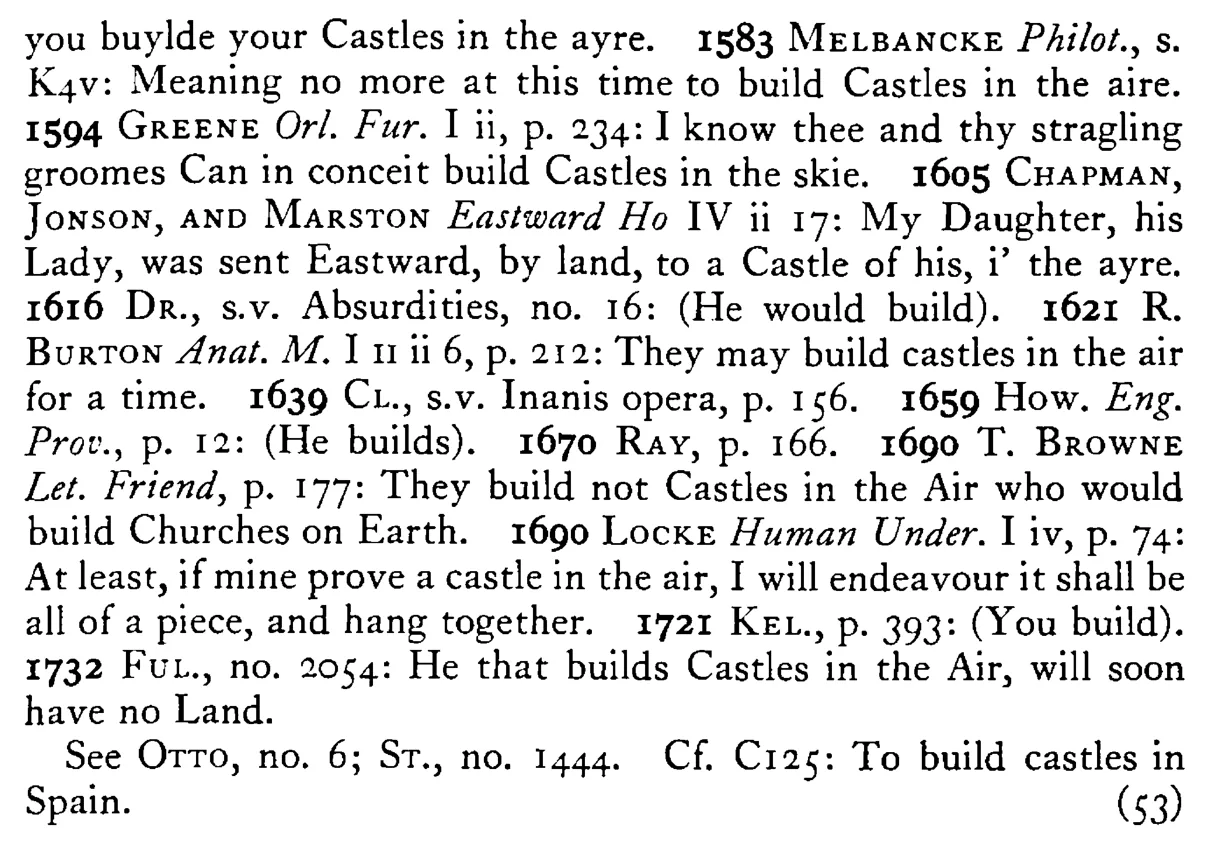 To build CASTLES in the air - a scanned entry from Tilley's 1950 Dictionary of Proverbs. (continuation)