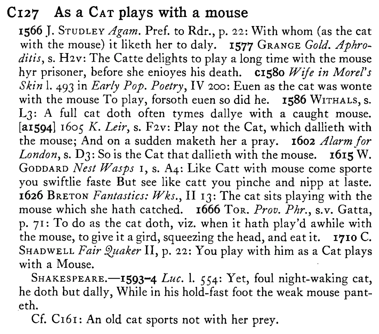 As a CAT plays with a mouse - a scanned entry from Tilley's 1950 Dictionary of Proverbs.