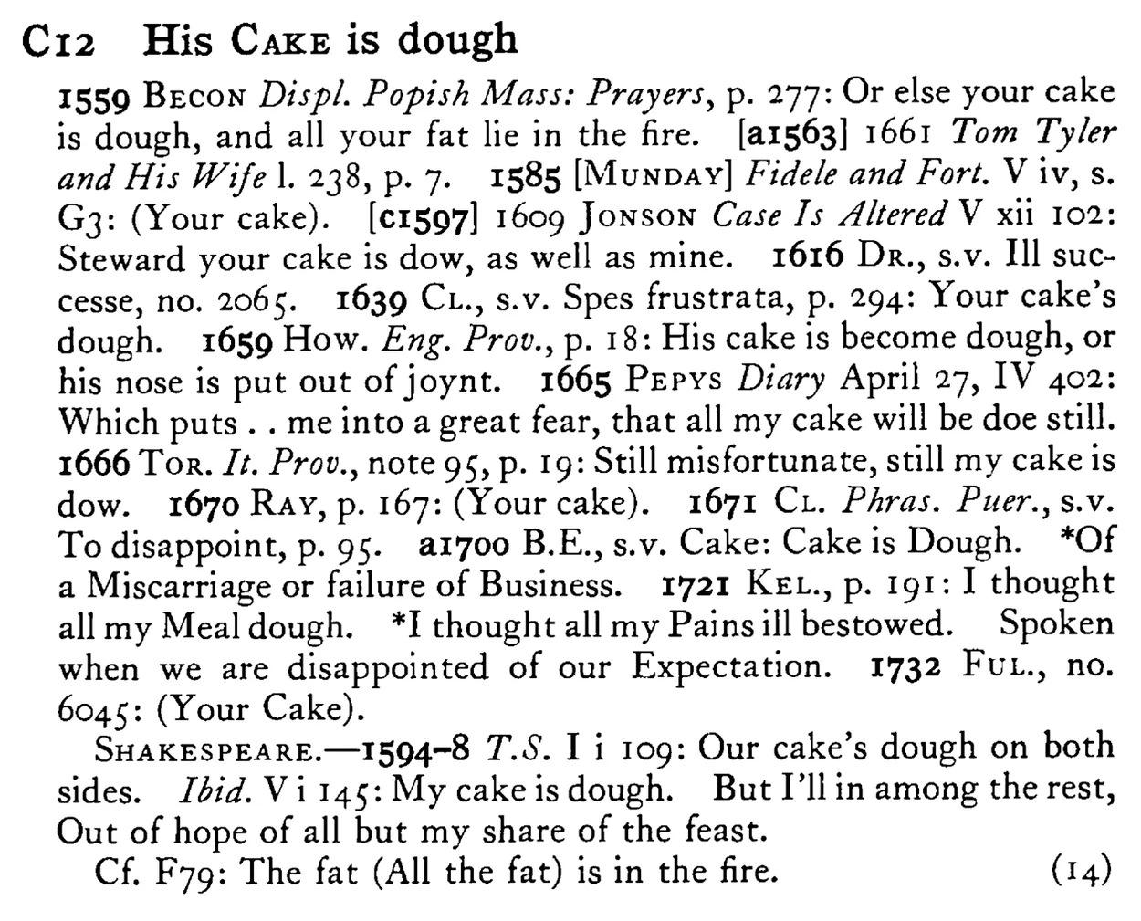 His CAKE is dough - a scanned entry from Tilley's 1950 Dictionary of Proverbs.