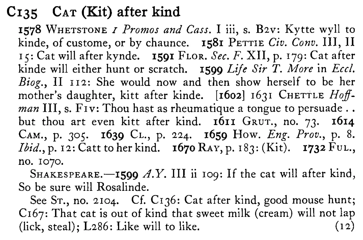 CAT (Kit) after kind - a scanned entry from Tilley's 1950 Dictionary of Proverbs.