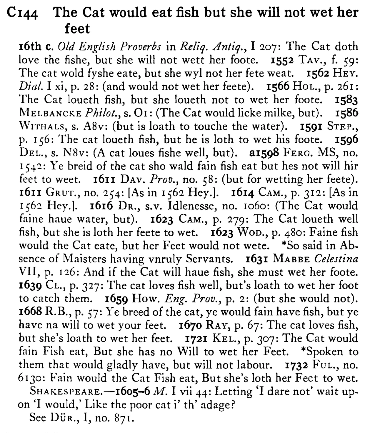 The CAT would eat fish but she will not wet her feet - a scanned entry from Tilley's 1950 Dictionary of Proverbs.