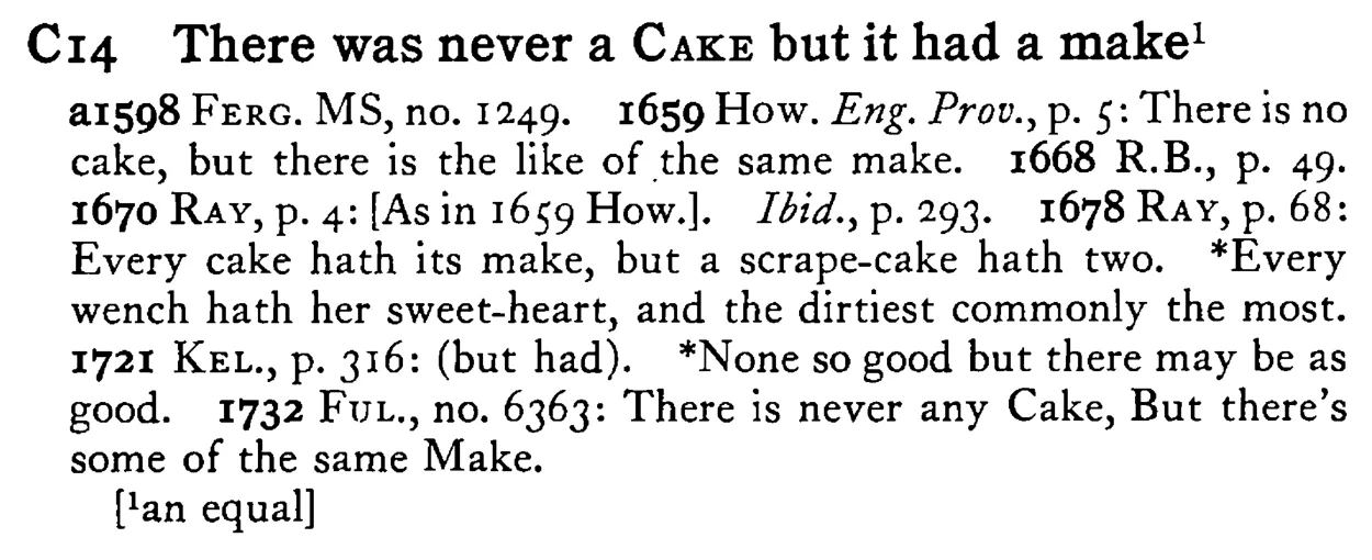 There was never a CAKE but it had a make¹ - a scanned entry from Tilley's 1950 Dictionary of Proverbs.
