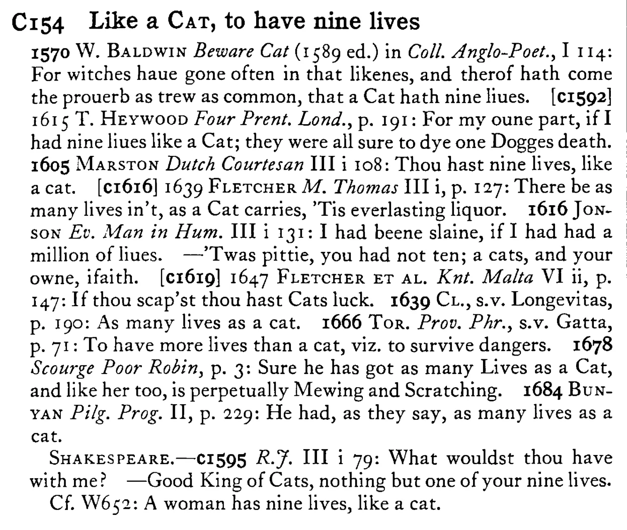 Like a CAT, to have nine lives - a scanned entry from Tilley's 1950 Dictionary of Proverbs.