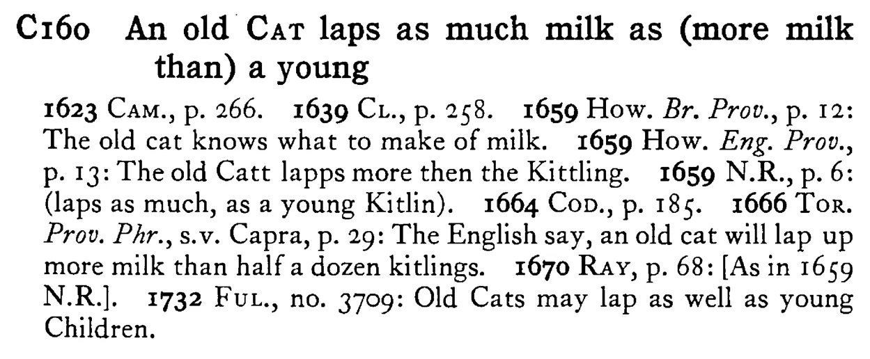 An old CAT laps as much milk as (more milk than) a young - a scanned entry from Tilley's 1950 Dictionary of Proverbs.