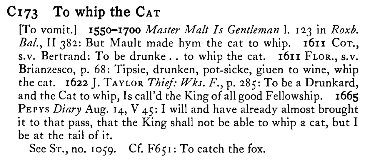 To whip the CAT - a scanned entry from Tilley's 1950 Dictionary of Proverbs.