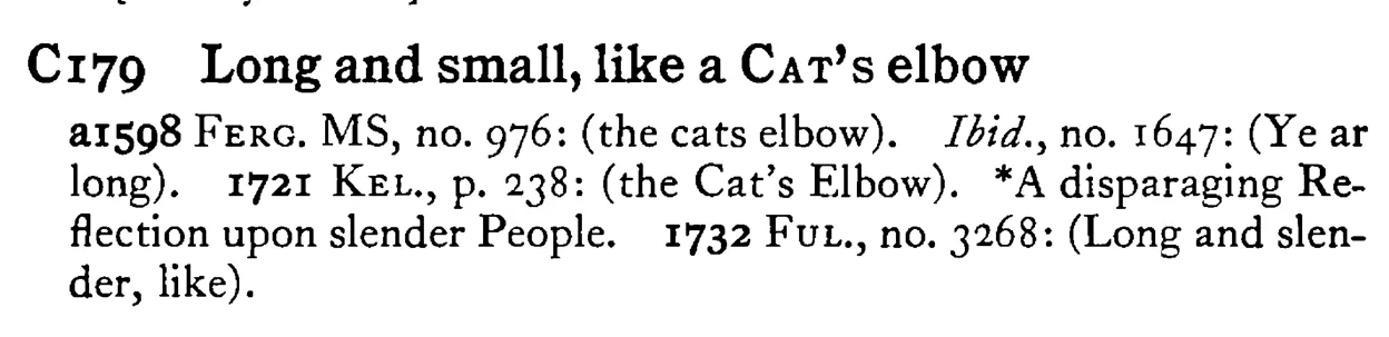Long and small, like a CAT's elbow - a scanned entry from Tilley's 1950 Dictionary of Proverbs.