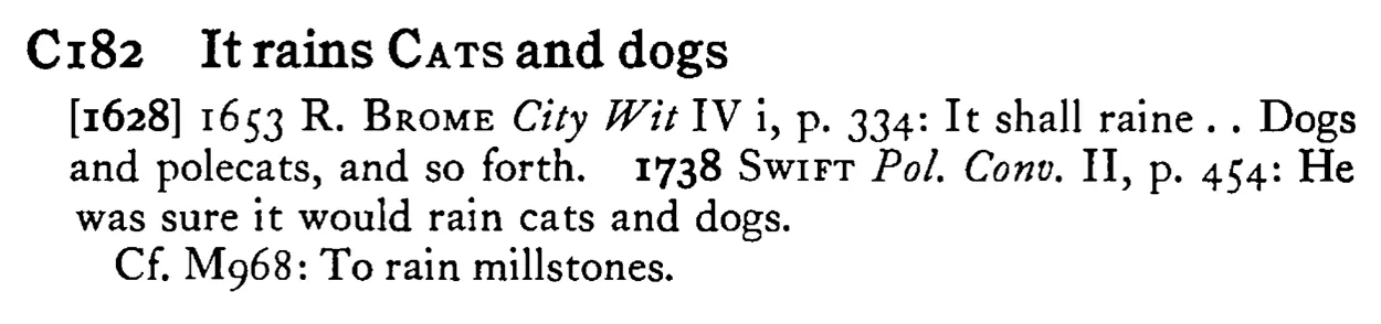 It rains CATS and dogs - a scanned entry from Tilley's 1950 Dictionary of Proverbs.