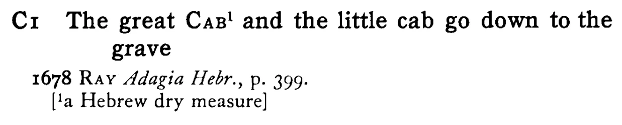 The great CAB¹ and the little cab go down to the grave - a scanned entry from Tilley's 1950 Dictionary of Proverbs.