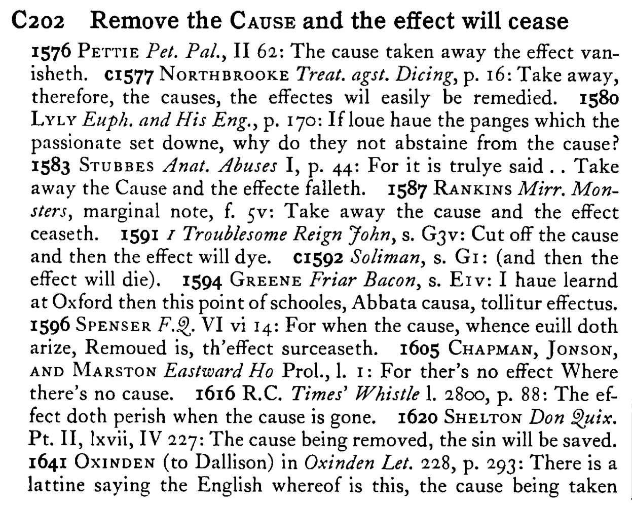 Remove the CAUSE and the effect will cease - a scanned entry from Tilley's 1950 Dictionary of Proverbs.