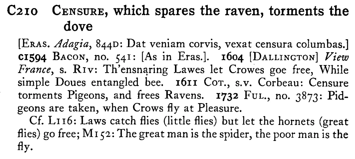 CENSURE, which spares the raven, torments the dove - a scanned entry from Tilley's 1950 Dictionary of Proverbs.