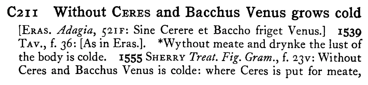 Without CERES and Bacchus Venus grows cold - a scanned entry from Tilley's 1950 Dictionary of Proverbs.