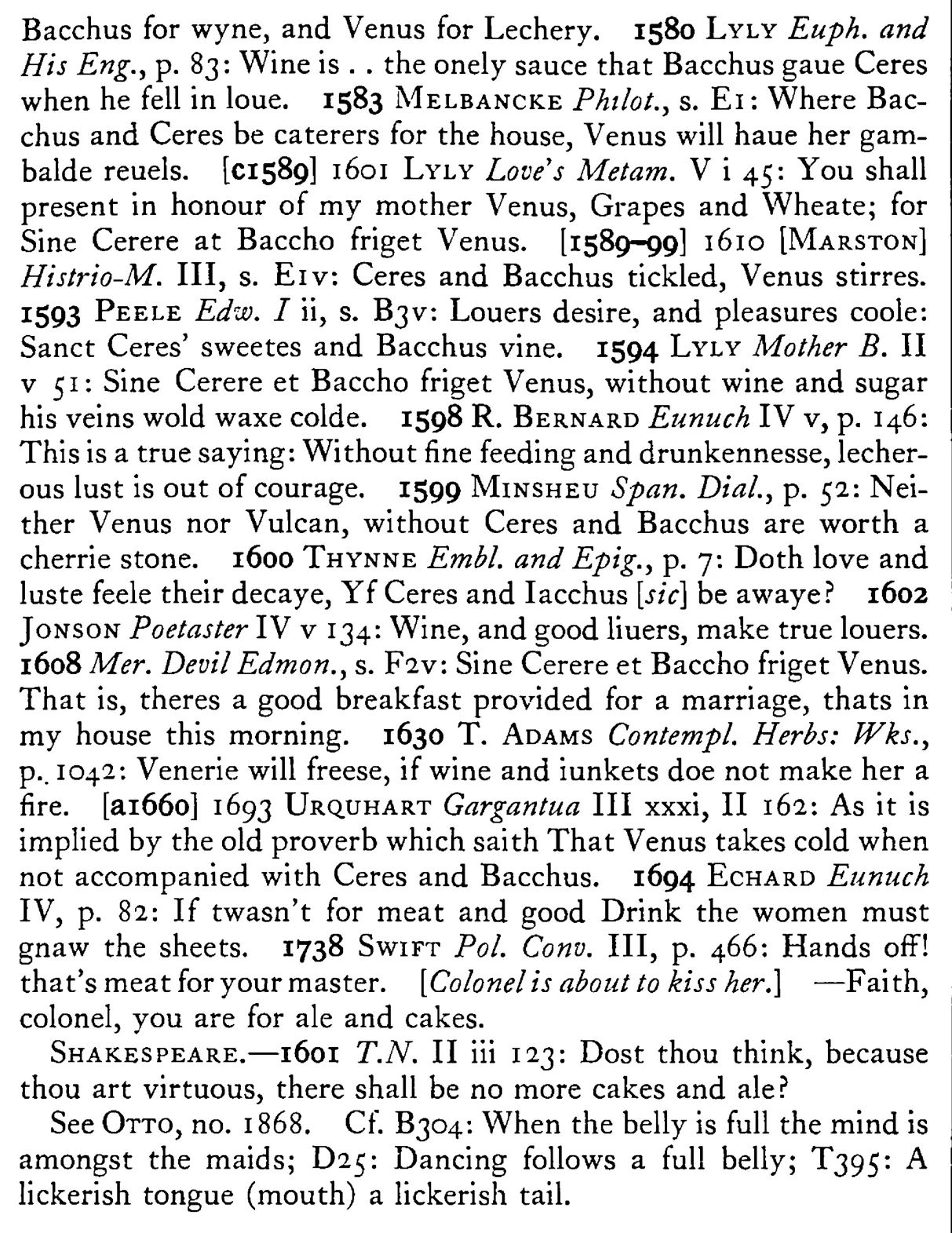 Without CERES and Bacchus Venus grows cold - a scanned entry from Tilley's 1950 Dictionary of Proverbs. (continuation)