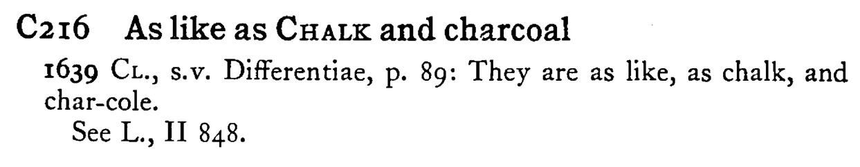 As like as CHALK and charcoal - a scanned entry from Tilley's 1950 Dictionary of Proverbs.